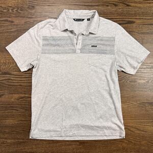 TravisMathew Polo Shirt Mens Large Gray Striped Chest Pocket Golf Performance